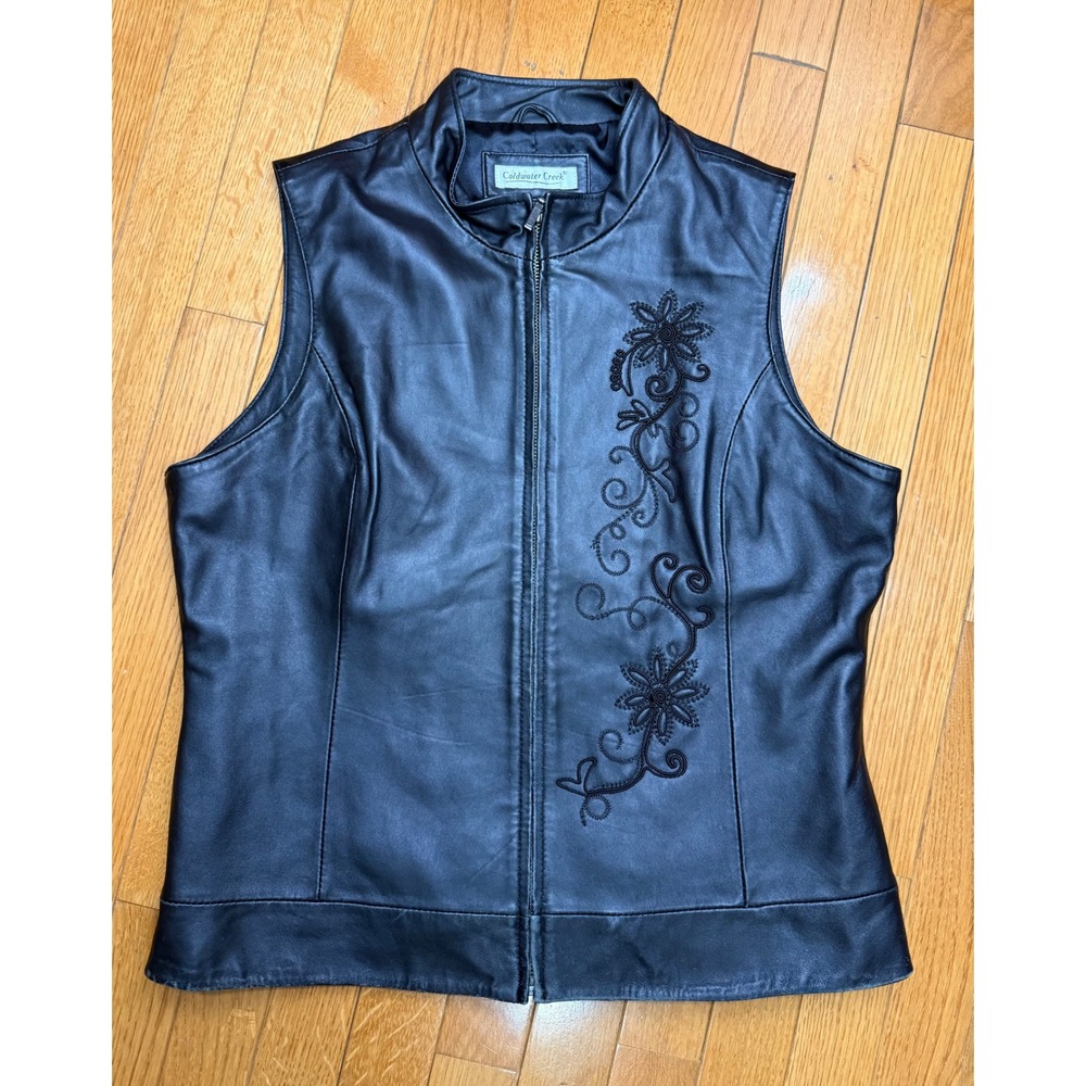 Coldwater Creek Womens Black Leather Floral Embroidered Zip Up Vest Medium M